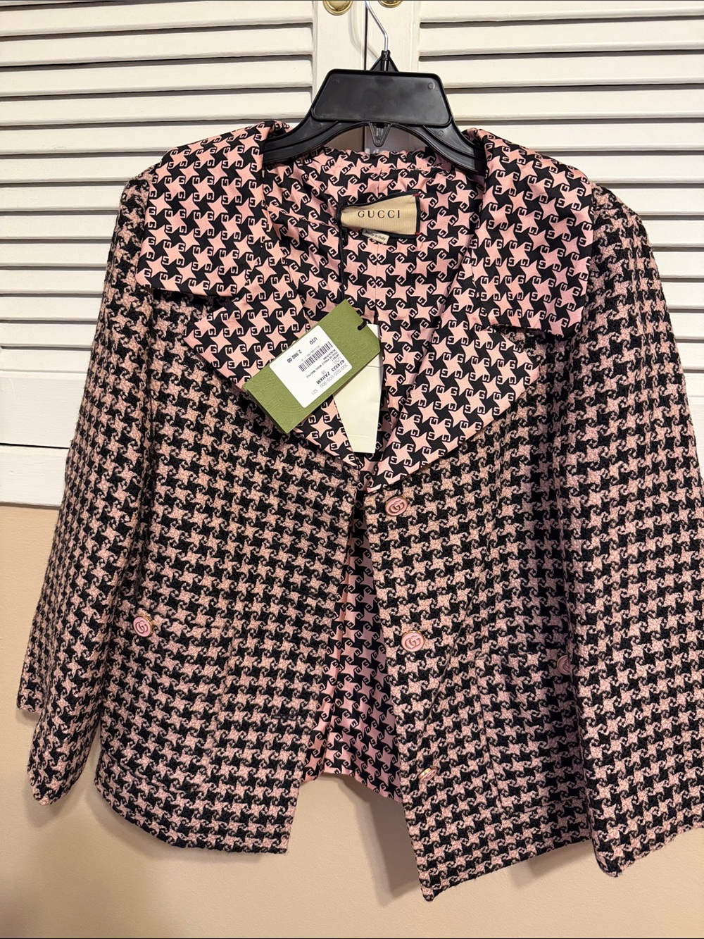Gucci Pink & Black Houndstooth Wool-Blend short Blazer
